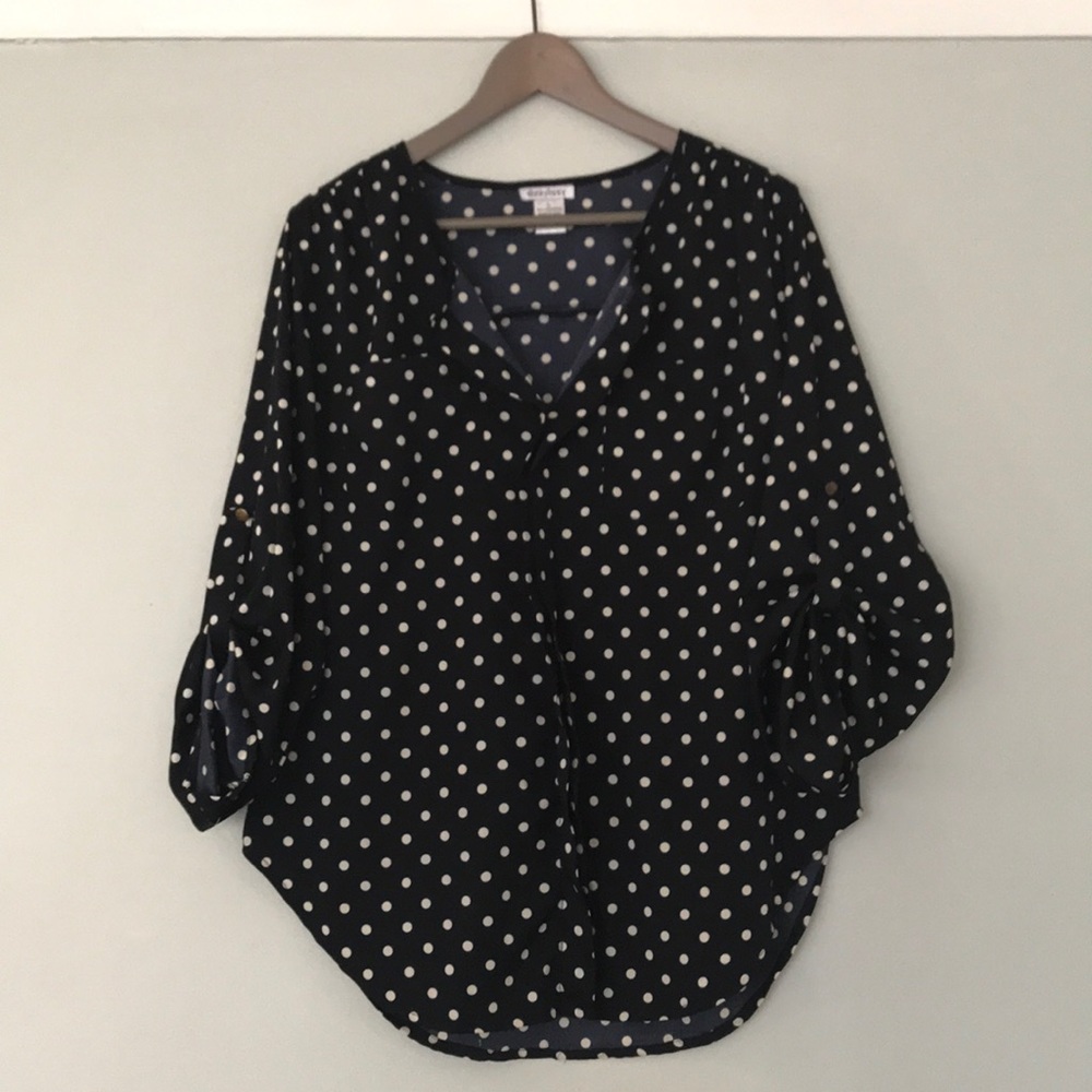 Cute navy and cream polka dotted blouse